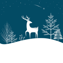 Christmas forest background with deer and falling star