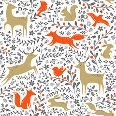 Christmas floral woodland animals seamless pattern on white background