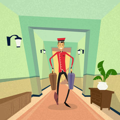 Bell Boy Carry Suitcase Indoor Hotel Porter