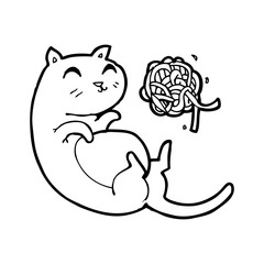 line drawing cartoon  cat with ball of yarn