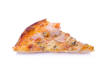 Slice of Tasty Italian seafood pizza on white background