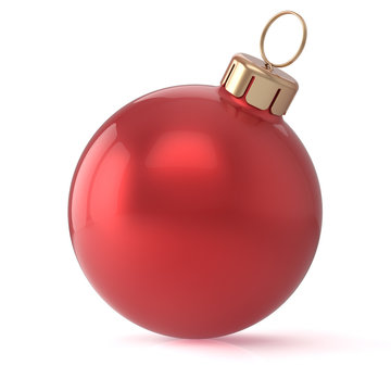 Christmas ball red New Year's Eve bauble wintertime decoration sphere hanging adornment classic. Traditional winter ornament happy holidays Merry Xmas event symbol glossy blank. 3d render isolated