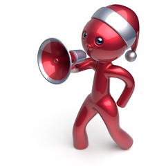 Santa Claus hat man speaking megaphone character New Years Eve Merry Christmas holiday sale news communication announcement stylized red human cartoon guy speaker person Xmas figure 3d render isolated