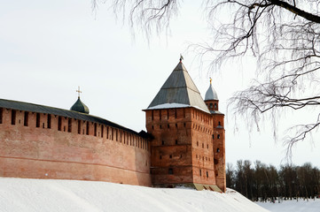 Fortress Velikiy Novgorod of winter, Velikiy Novgorod of winter, historic fortress wall with towers, oldest city of Russia, chronicle Rurik, origin of Russian statehood, travel and tourism, UNESCO.