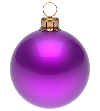 Christmas ball purple New Year's Eve bauble wintertime decoration glossy sphere hanging adornment classic. Traditional winter ornament happy holidays Merry Xmas symbol blank round. 3d render isolated