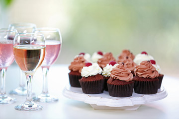 Tasting of wine and chocolate cupcakes, close up