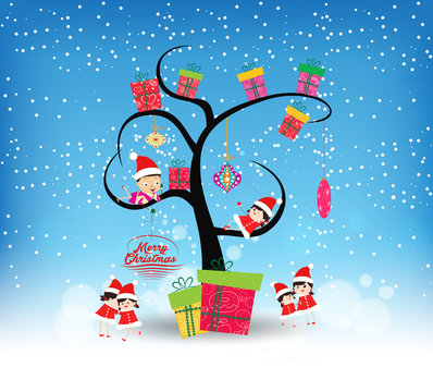 happy merry christmas with funny kids and gifts