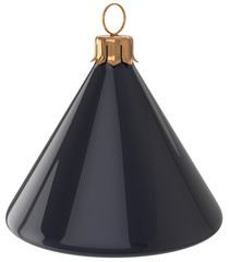 Christmas ball cone geometric New Year's Eve unusual bauble black decoration hanging adornment. Traditional wintertime holidays home ornament Merry Xmas event symbol shiny blank. 3d render isolated
