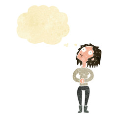 cartoon woman looking upwards with thought bubble