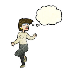 cartoon woman waving with thought bubble