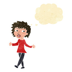 cartoon woman with no worries with thought bubble