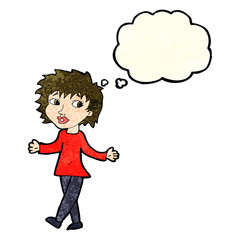 cartoon woman with no worries with thought bubble