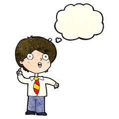 cartoon schoolboy answering question with thought bubble