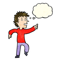 cartoon happy man pointing with thought bubble