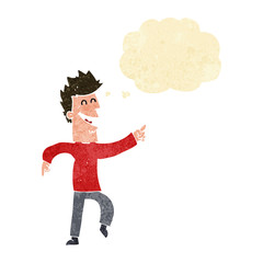 cartoon man pointing and laughing with thought bubble