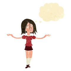 cartoon woman shrugging shoulders with thought bubble