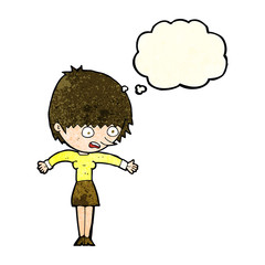 cartoon woman panicking with thought bubble