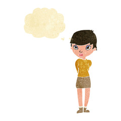 cartoon shy woman with thought bubble