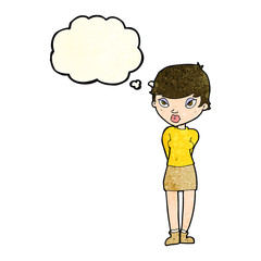 cartoon shy woman with thought bubble