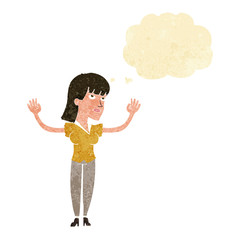cartoon woman throwing hands in air with thought bubble