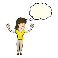 cartoon woman throwing hands in air with thought bubble