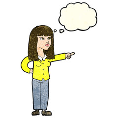 cartoon pretty woman pointing with thought bubble