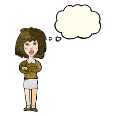 cartoon tough woman with folded arms with thought bubble