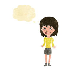 cartoon woman shrugging shoulders with thought bubble