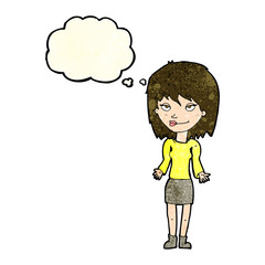 cartoon woman shrugging shoulders with thought bubble