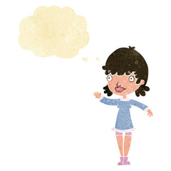 cartoon woman waving with thought bubble