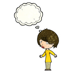 cartoon woman shrugging shoulders with thought bubble