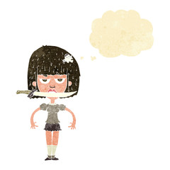 cartoon woman with knife between teeth with thought bubble