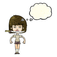 cartoon woman with knife between teeth with thought bubble