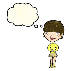 cartoon friendly woman with thought bubble