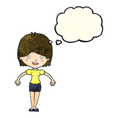 cartoon happy woman with thought bubble