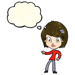 cartoon pretty woman pointing with thought bubble