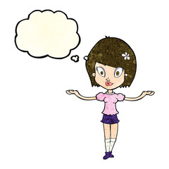 cartoon woman making balancing gesture with thought bubble
