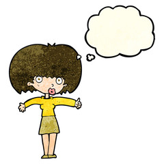 cartoon woman giving thumbs up symbol with thought bubble