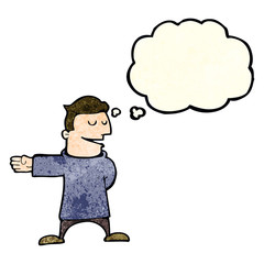 cartoon man gesturing direction with thought bubble