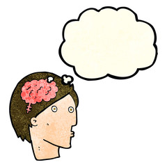cartoon man with brain symbol with thought bubble