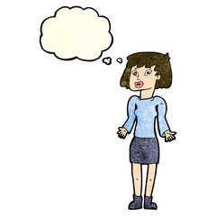 cartoon woman shrugging shoulders with thought bubble