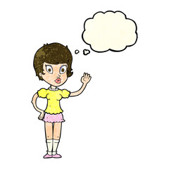 cartoon pretty girl waving with thought bubble