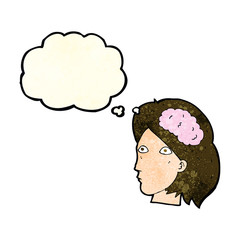 cartoon female head with brain symbol with thought bubble