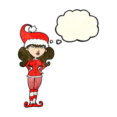 cartoon santa's helper woman with thought bubble