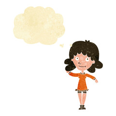 cartoon friendly woman waving with thought bubble
