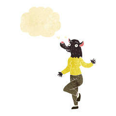 cartoon dancing werewolf woman with thought bubble
