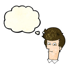 cartoon man narrowing eyes with thought bubble