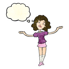 cartoon woman taking praise with thought bubble