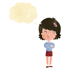 cartoon happy woman with folded arms with thought bubble