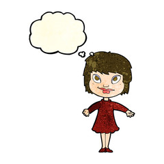 cartoon girl shrugging shoulders with thought bubble